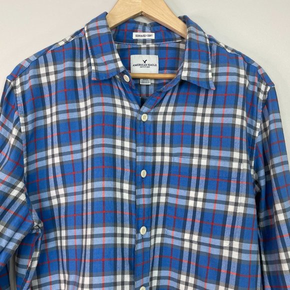 American Eagle Shirt Large Blue Plaid Casual Button-Front Long Sleeve Men's - Picture 2 of 13